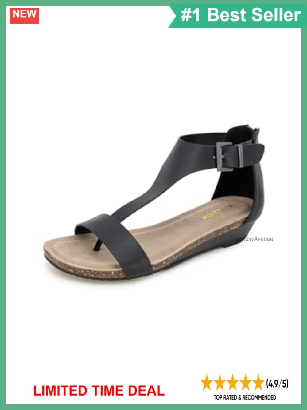T-Strap Wedge Sandal with Ortholite Foam, Stacked Heel & Ankle Strap